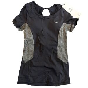 Rebody Womens Black Grey‎ Activewear Athletic T Shirt Cutout Back Size S